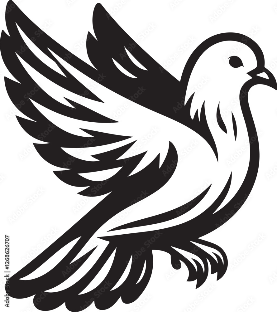 Obraz premium Silhouette vector of a dove in flight with wings spread. Perfect for peace symbols, wedding designs, religious themes, logos, and nature-inspired projects.