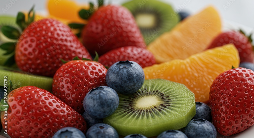 Obraz premium Fresh Fruit Salad with Strawberries Blueberries Kiwi and Orange