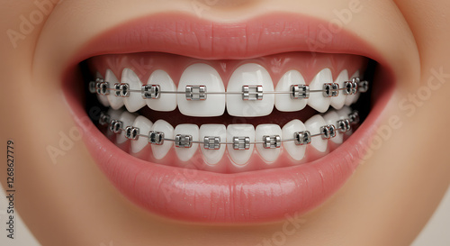 Close Up of Smiling Mouth with Braces on Teeth