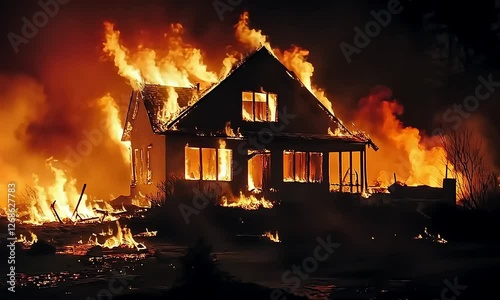 A night-time photograph of a house engulfed in flames, with the fiery glow casting eerie shadows on the surroundings.
