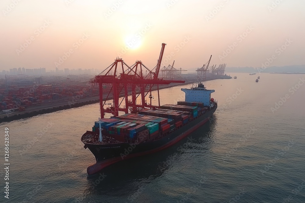 Fototapeta premium Container Ship Navigating Harbor at Sunset with Cranes