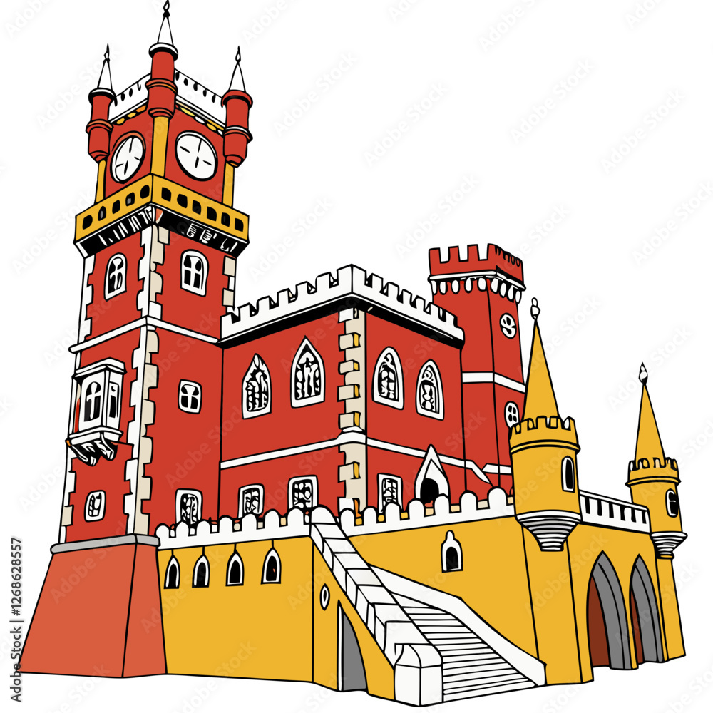 Vector Illustration of Pena Palace in Portugal, Romanticist Architecture. Perfect for: Portugal, Historic Landmarks, Romanticism