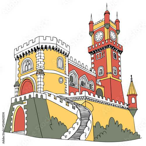 Vector Illustration of Pena Palace in Portugal, Romanticist Architecture. Perfect for: Portugal, Historic Landmarks, Romanticism