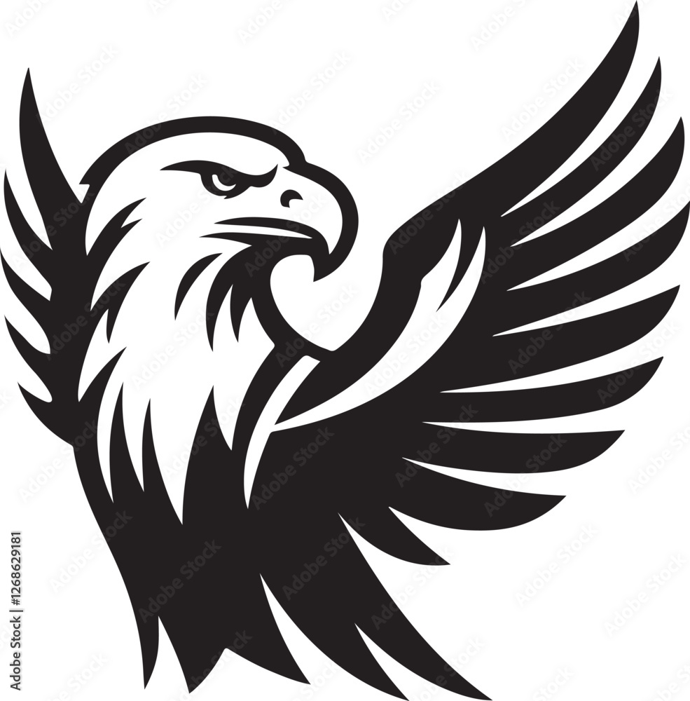 Obraz premium Silhouette vector of an eagle soaring with wings spread wide. Perfect for wildlife designs, logos, patriotic themes, nature icons, and bird-themed projects.