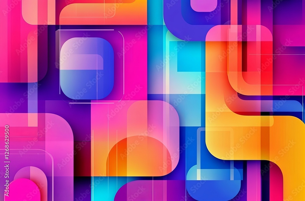 Fototapeta premium Colorful vector background with abstract shapes and gradients in vibrant colors. Abstract geometric pattern with rounded squares, lines, and circles. Bright color palette for design elements.
