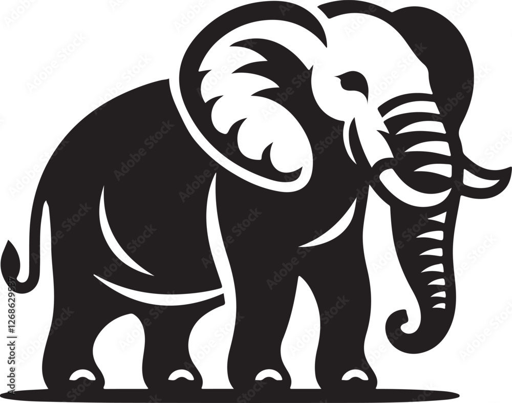 Obraz premium Silhouette vector of an elephant standing with trunk raised. Perfect for wildlife designs, zoo logos, nature icons, safari themes, and animal conservation projects.