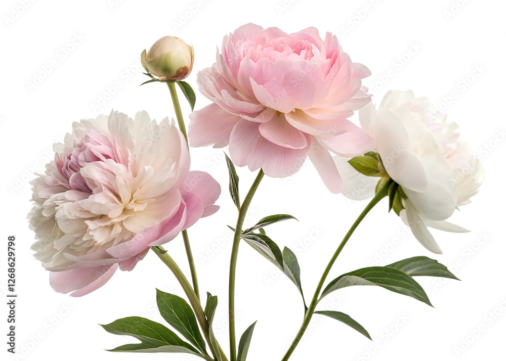 Naklejka premium A close-up of delicate pink and white peonies with soft petals, isolated on a white background. perfect for floral designs, spring, and Mother's Day celebrations. Bright, fresh, and elegant.