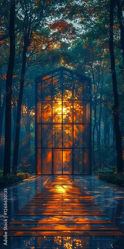 Fototapeta premium Serene glass structure illuminated by sunset in a tranquil forest, reflecting vibrant colors on wet pavement, perfect for nature and architecture themes.