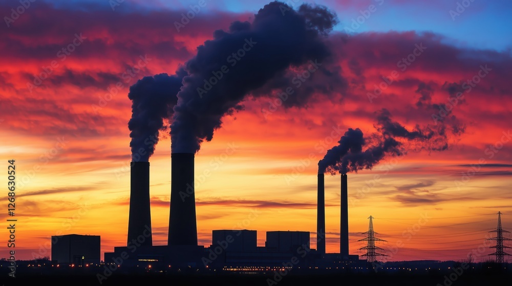 Coal-fired power station with smokestacks at sunset, concept of energy production and pollution Coal-fired power station with smokestacks at sunset, concept of energy production and pollution