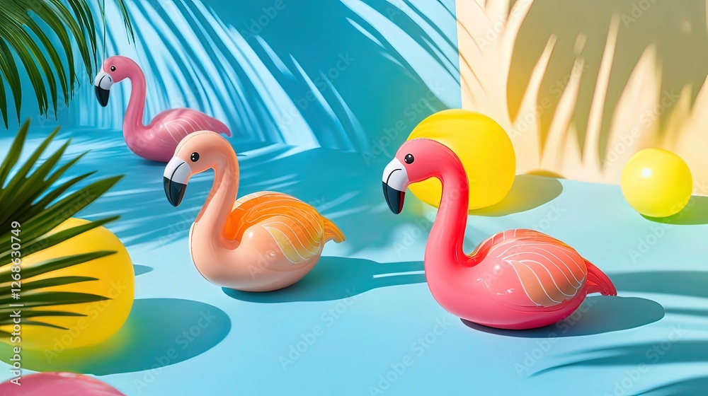Obraz premium Flamingo toys in motion, vibrant colors, simple yet creative design, evoking joy and playfulness.