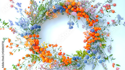 autumn floral crown with orange berries and blue flowers in a botanical wreath design perfect for rustic fall weddings and seasonal arrangements on a white backdrop