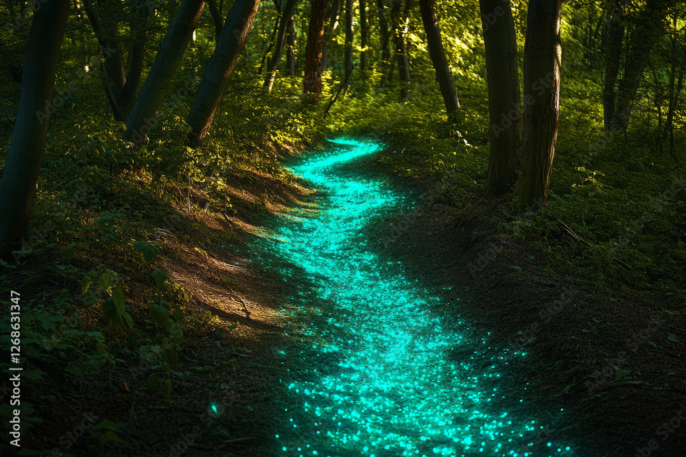 Fototapeta premium Enchanted Forest Pathway with Glowing Bioluminescent Trail at Twilight