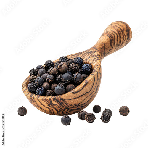 Black peppercorns in a wooden scoop on a white background showcasing their round shape, texture, and natural color variations for culinary use or spice display
