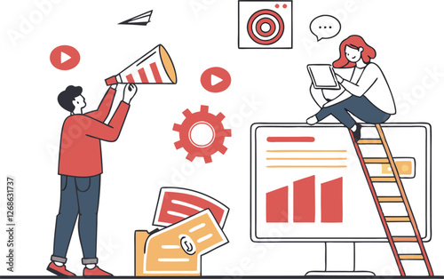 Business concept illustration. Set of Vector illustration of social media, video, movie, streaming, communication, multimedia, gallery. Creative concept for web banner, social media, business.
