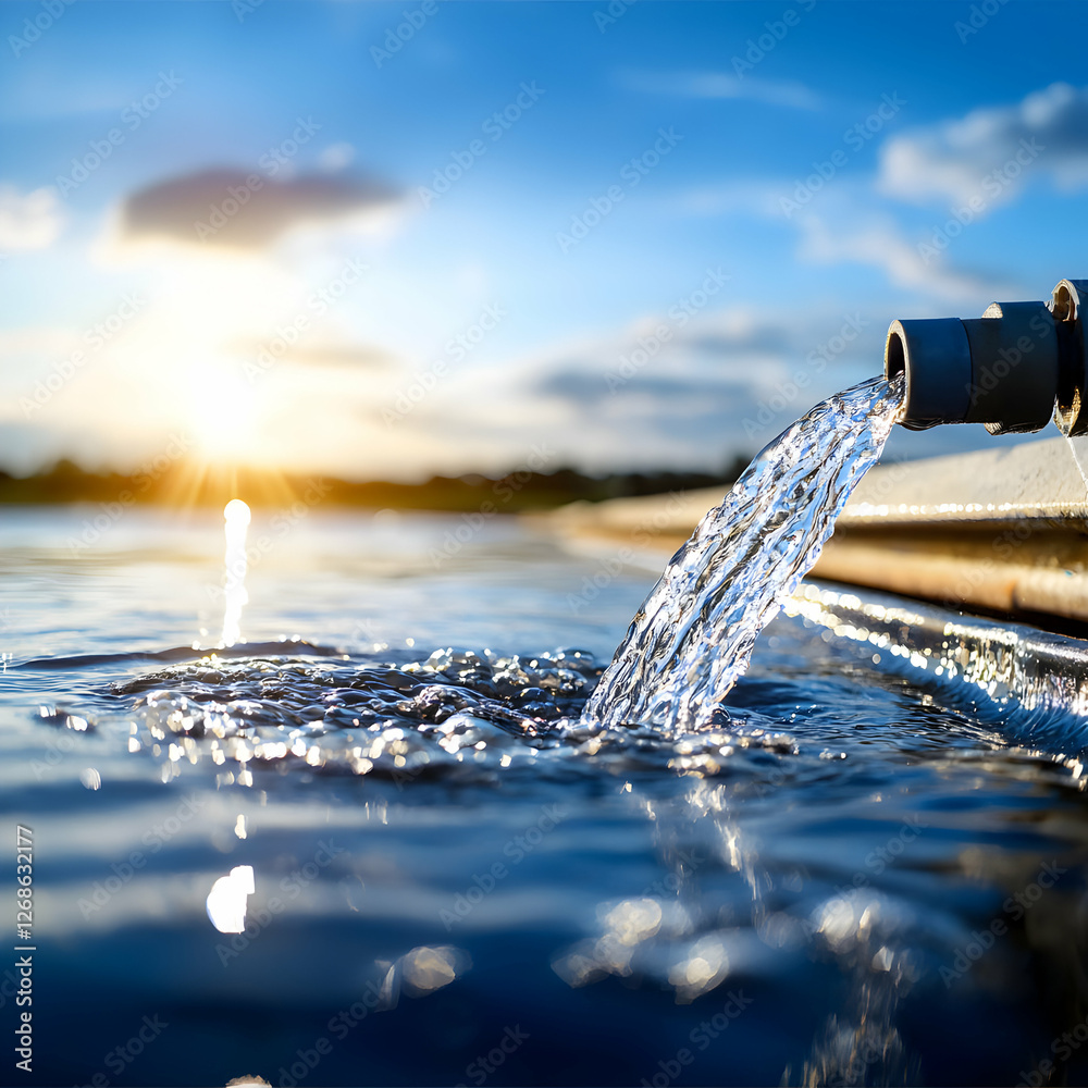 Water Flowing from Pipe into Reservoir at Sunset