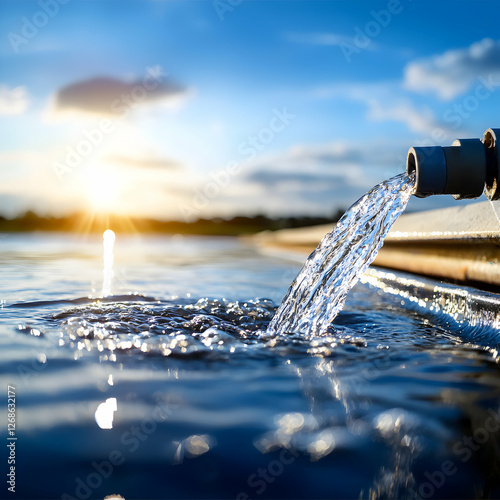 Obraz na płótnie Water Flowing from Pipe into Reservoir at Sunset w salonie
