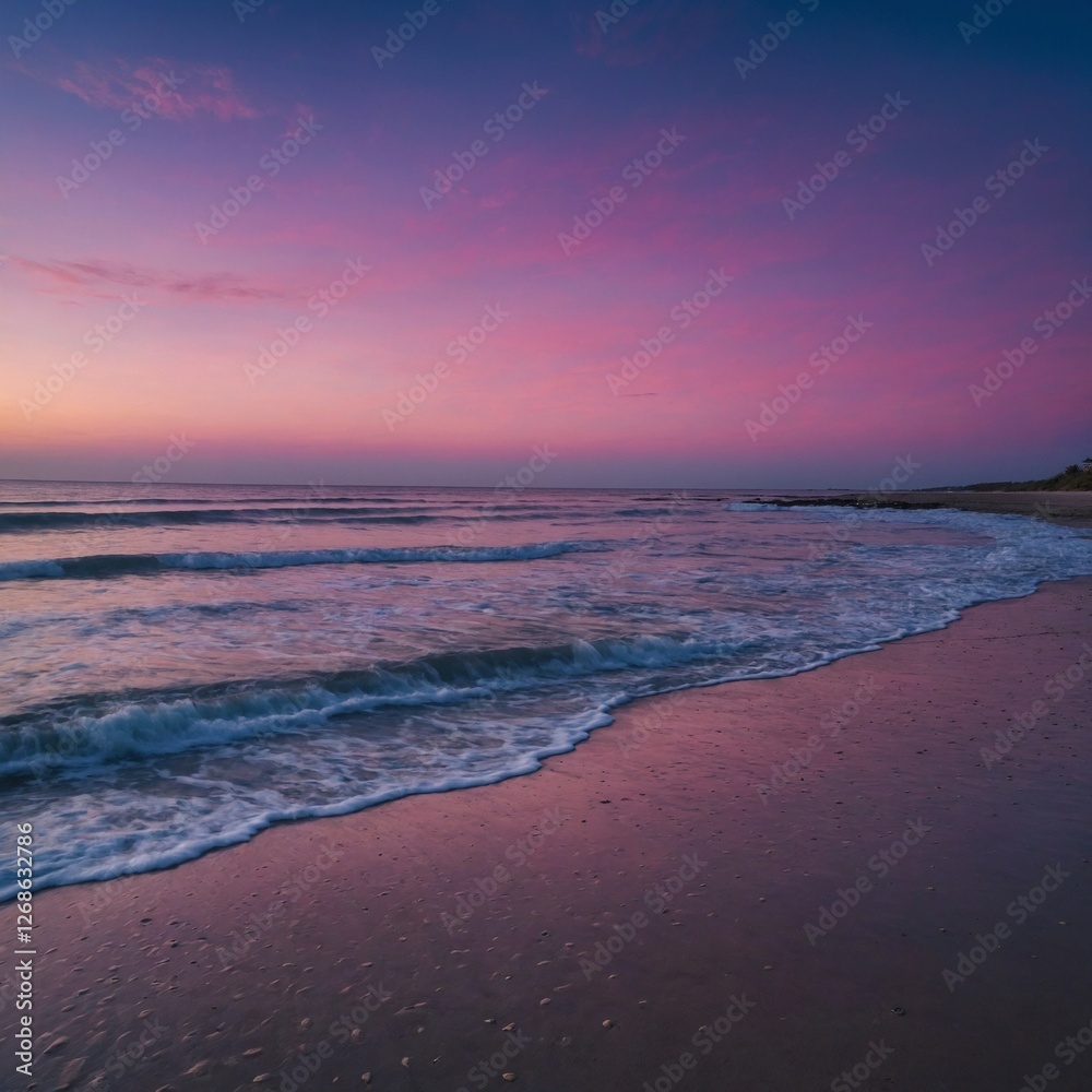 A beach at twilight with the sky painted in shades of pink, purple, and blue.
