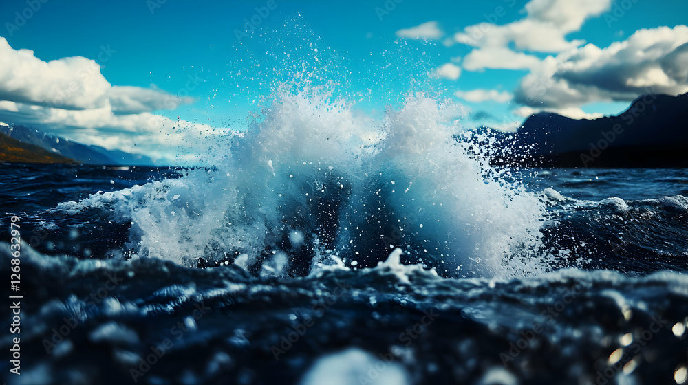 Obraz premium Water Splash Against Mountain Lake Under Blue Sky