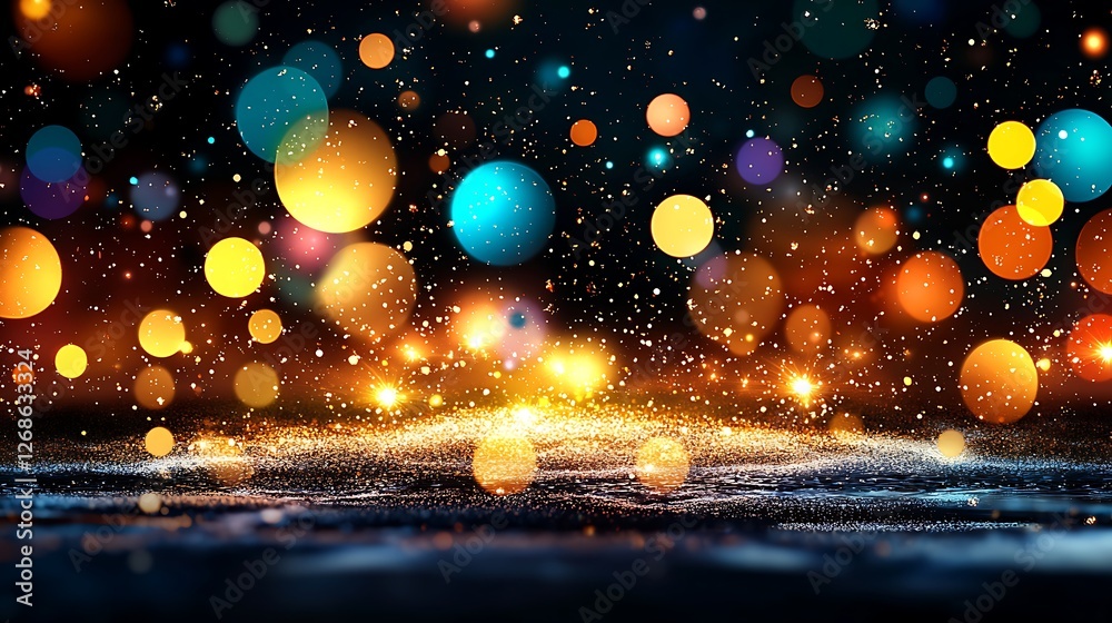 Naklejka premium Festive bokeh lights illuminating dark floor, night scene, product display