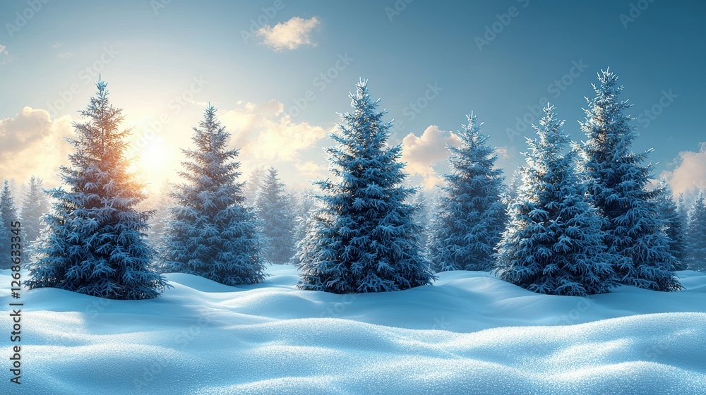 Fototapeta premium Snow-covered landscape with evergreen trees and a bright sun in the background.