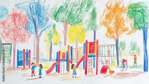 Child's crayon drawing park playground, kids playing, trees