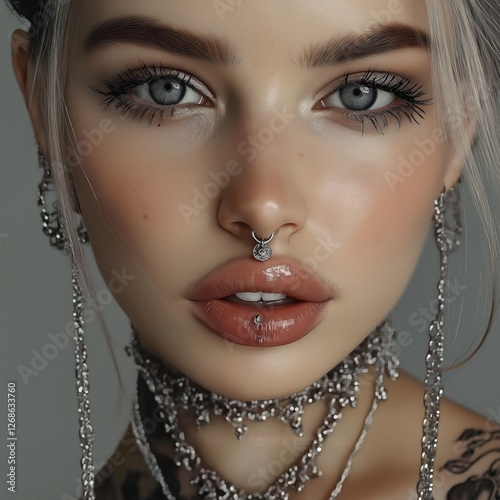 Elegant portrait of woman with nose ring and jewelry in high detail