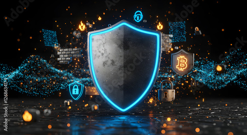 Cybersecurity Shield Protecting Cryptocurrency and Blockchain Technology
