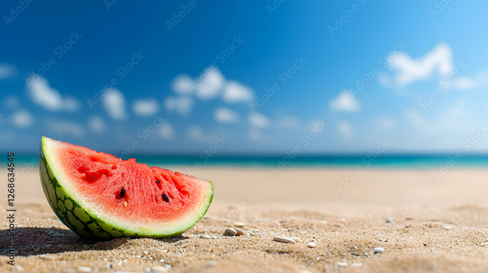 Watermelon Slice on Sandy Beach under Sunny Sky Watermelon Slice on Sandy Beach under Sunny Sky