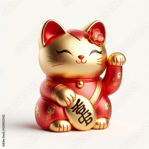 Gold and Red adorable Manekineko Cat Figurine Japanese Lucky Charm in kimono white background