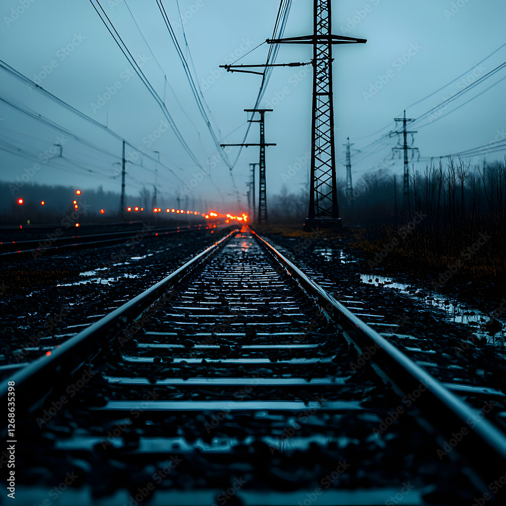 Obraz premium Wet Train Tracks Receding into a Foggy Distance