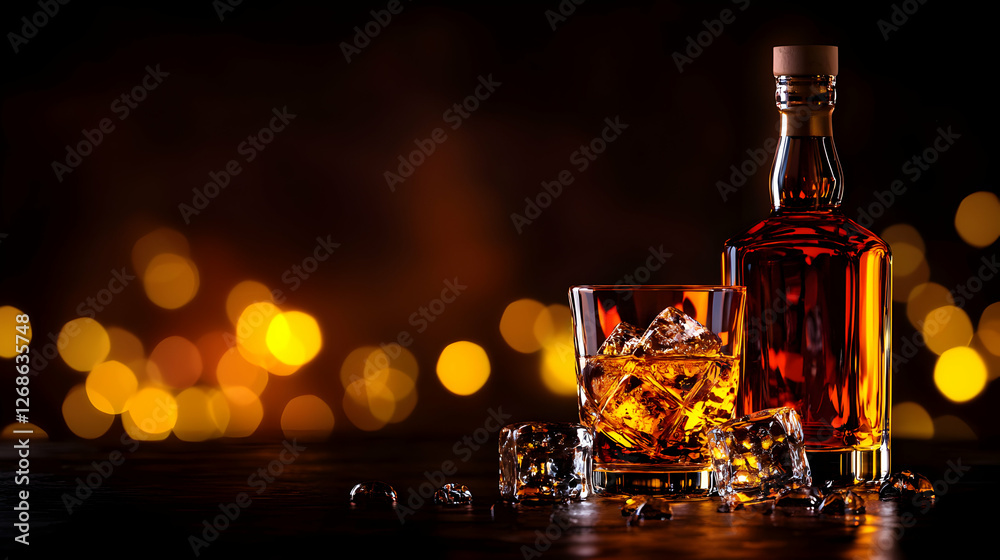 Whiskey Bottle and Glass with Ice on Dark Background Whiskey Bottle and Glass with Ice on Dark Background