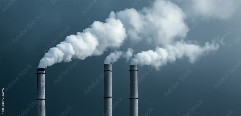 Multiple smokestacks releasing thick white smoke, concept of air pollution and climate change Multiple smokestacks releasing thick white smoke, concept of air pollution and climate change
