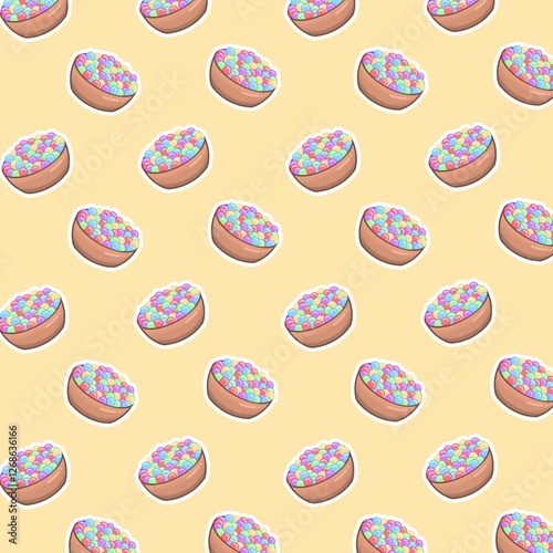 Seamless Pattern Featuring Colorful Candy Bowls on Yellow Background