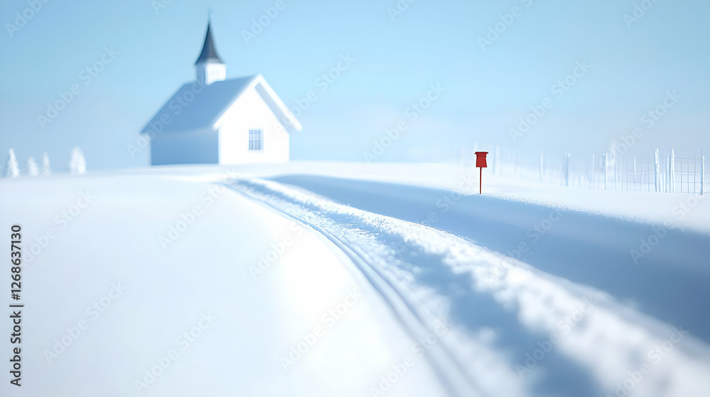 White Chapel on a Snowy Road in Winter Landscape White Chapel on a Snowy Road in Winter Landscape