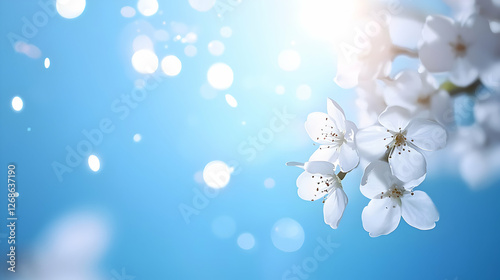 White Cherry Blossoms on Blue Background