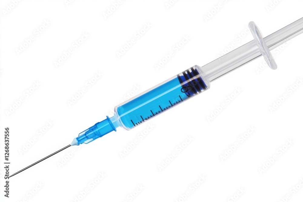 Blue liquid syringe, injection, studio, white background, medical Blue liquid syringe, injection, studio, white background, medical