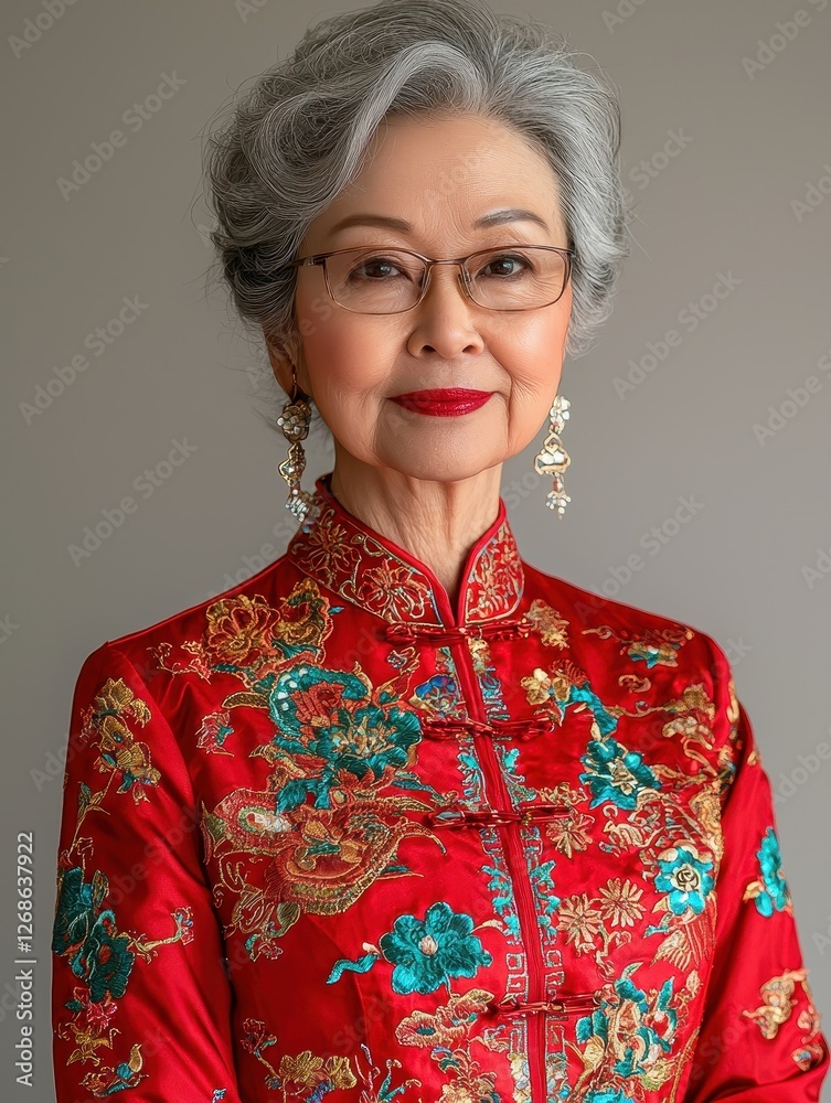 Elegant senior woman in traditional red dress indoor portrait cultural heritage warm lighting graceful expression Elegant senior woman in traditional red dress indoor portrait cultural heritage warm lighting graceful expression