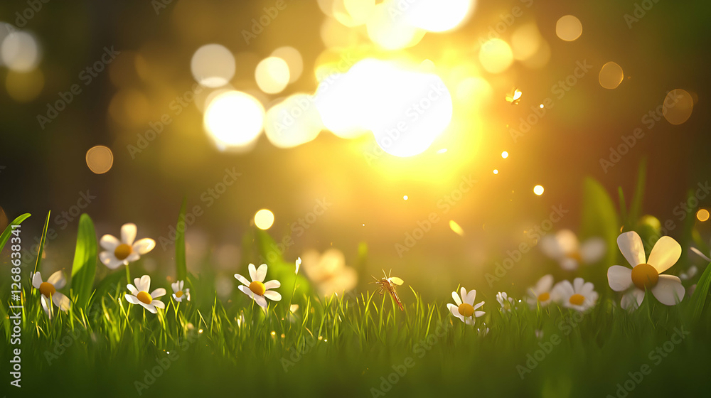 Fototapeta premium White Daisies in Green Grass at Sunset