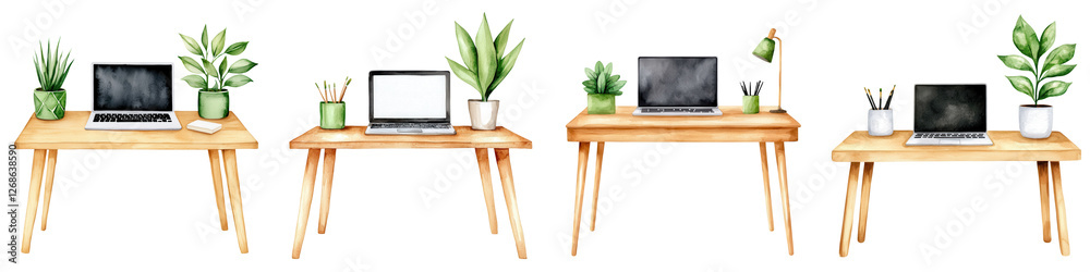 Modern Workspace Designs with Laptops and Green Plants