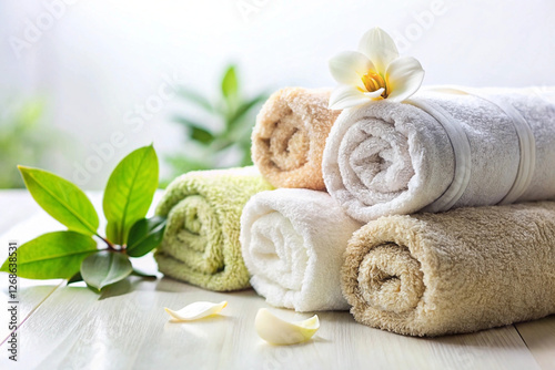 Spa towels, flower, leaves, bright room, wellness photo