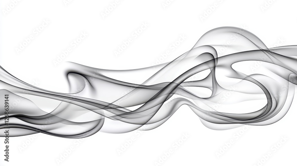 Abstract grayscale image featuring flowing, dynamic smoke like forms on a white background. The shapes are organic and fluid, creating a sense of Abstract grayscale image featuring flowing, dynamic smoke like forms on a white background. The shapes are organic and fluid, creating a sense of