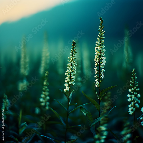 White Flowers in a Green Field at Dawn