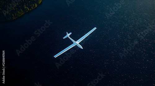 White Glider Soaring Over Dark Blue Water
