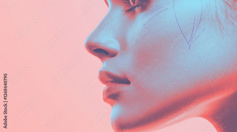 Side profile of a woman highlighting facial features with artful lighting during a creative photo session. Generative AI Side profile of a woman highlighting facial features with artful lighting during a creative photo session. Generative AI