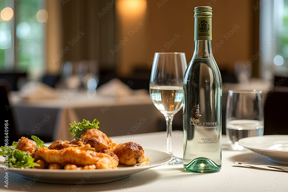 Elegant Dining Setup with White Wine Glass and Tasty Dish Elegant Dining Setup with White Wine Glass and Tasty Dish