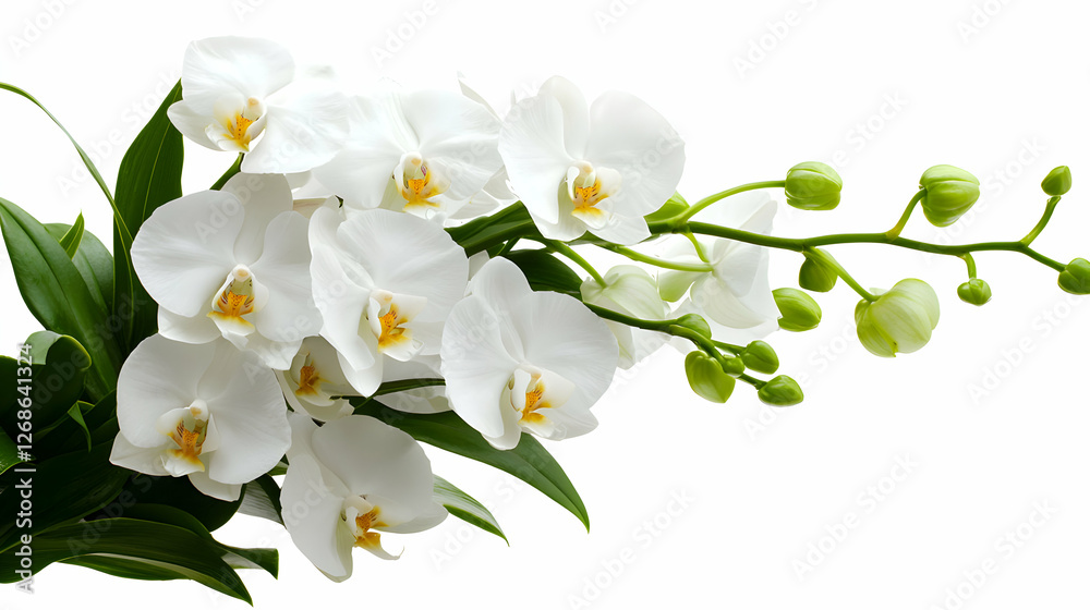 Fototapeta premium White Phalaenopsis Orchid Branch with Green Leaves