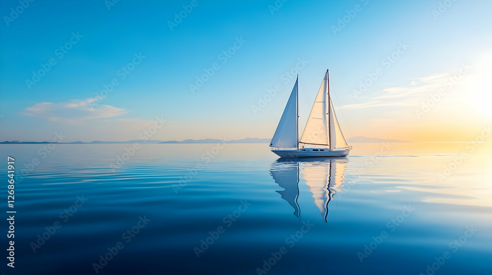 Fototapeta premium White Sailboat on Calm Ocean at Sunset