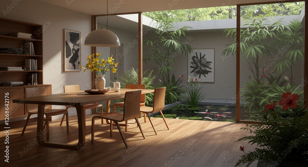 Fototapeta premium Dining Room with Garden View and Natural Light Interior Design