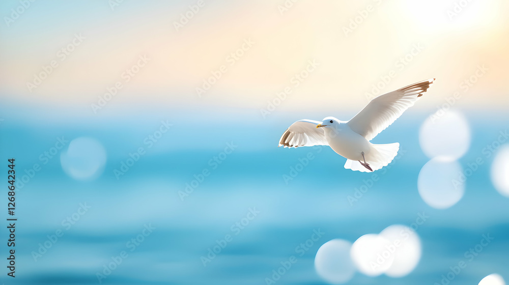 Fototapeta premium White Seagull in Flight Over Blue Ocean at Sunrise
