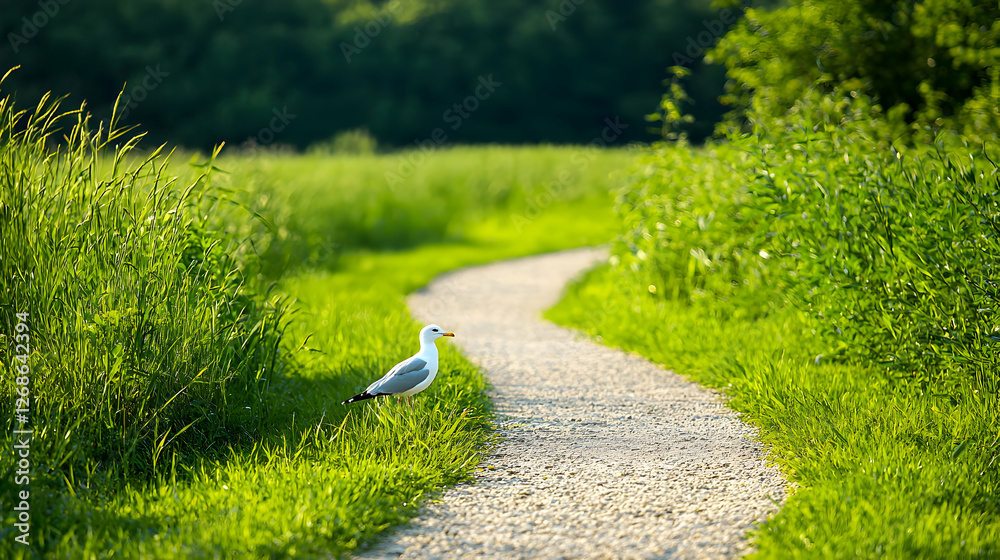 Obraz premium White Seagull on a Winding Path Through a Green Field